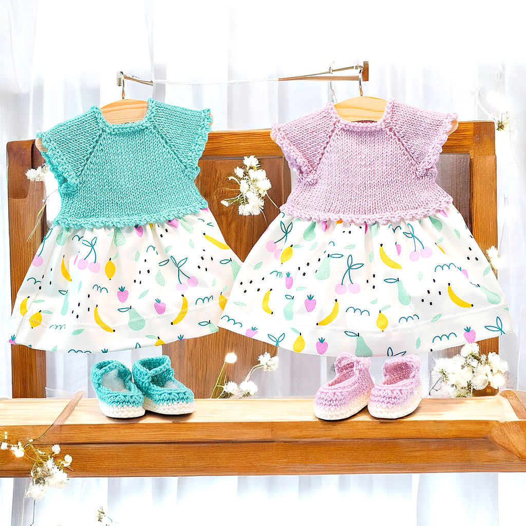 Puppenkleid mit Obst in grün und flieder