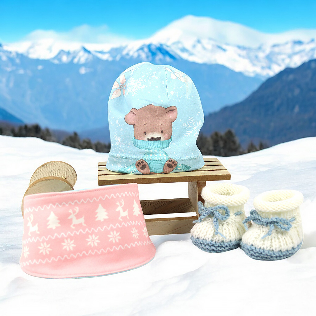 Puppenset Bär mit Mütze, Halstuch und Schuhen