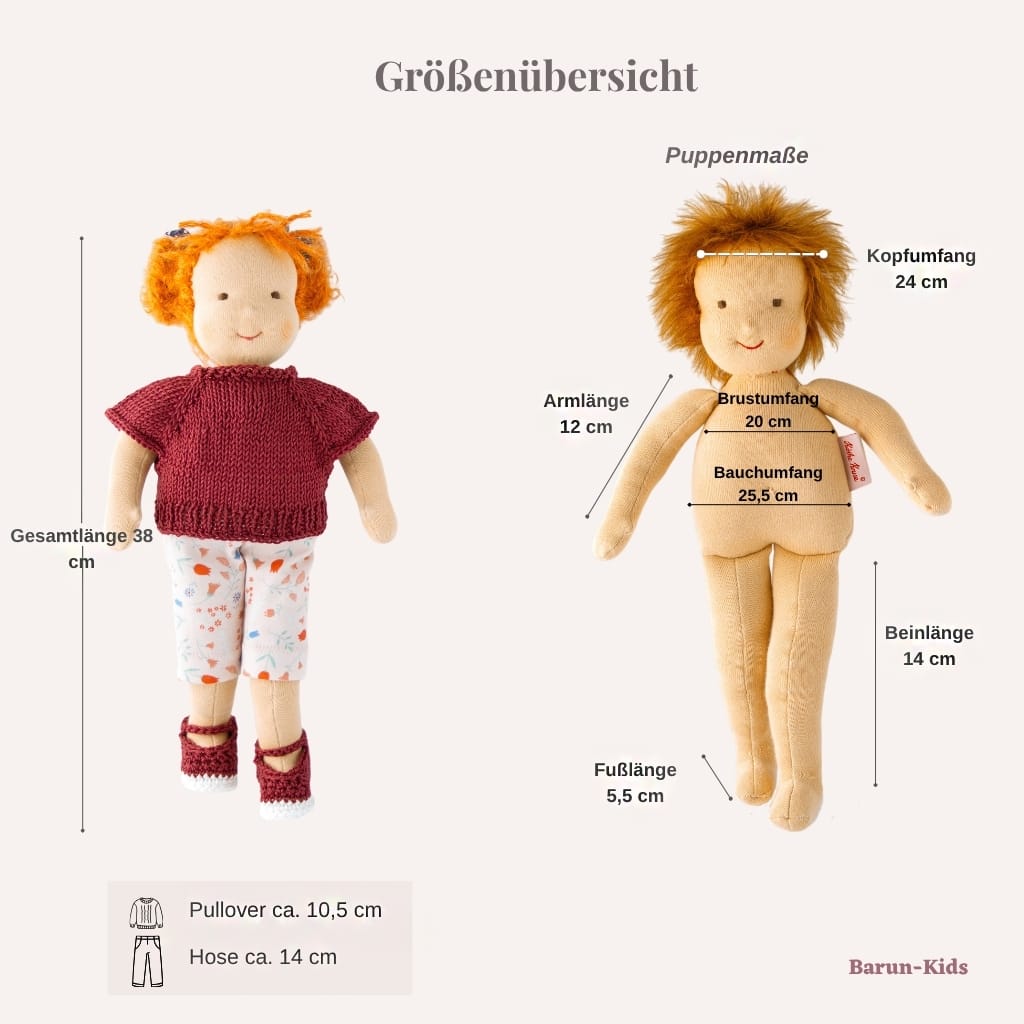 Waldorfpuppe mit eingezeichneten Maßen in cm als Orientierung für die richtige Größe von Puppenkleidung