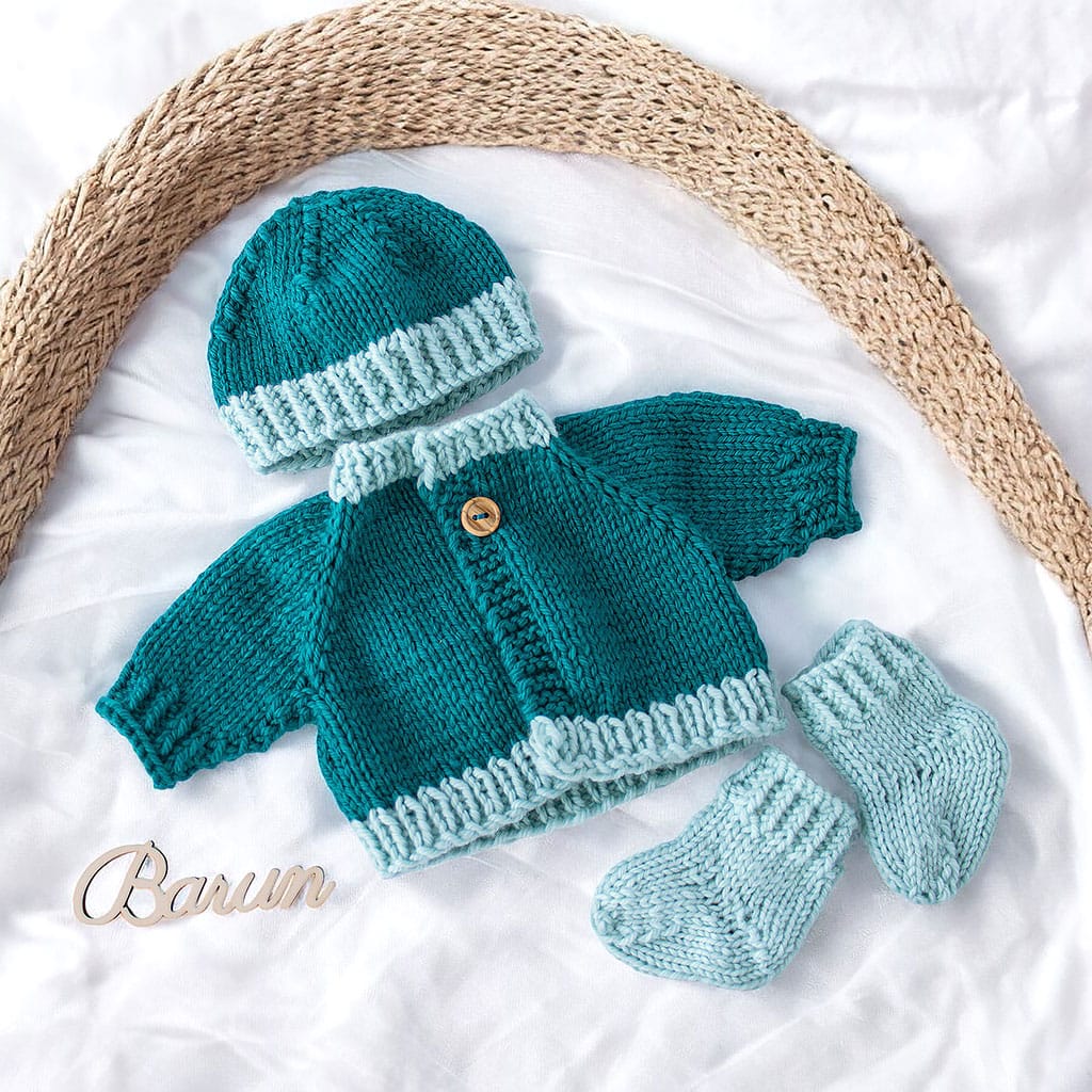 Puppenset für Waldorfpuppen aus Merinowolle in petrol und hellblau