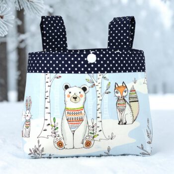 Handgemachte Lenkertasche für Kinder mit Bär, Fuchs und Hase, hellblauer Stoff und dunkelblaues Punktemuster