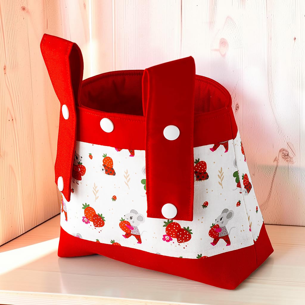 Rückseite der handgenähten Lenkertasche mit Erdbeermuster und zwei roten Befestigungslaschen.