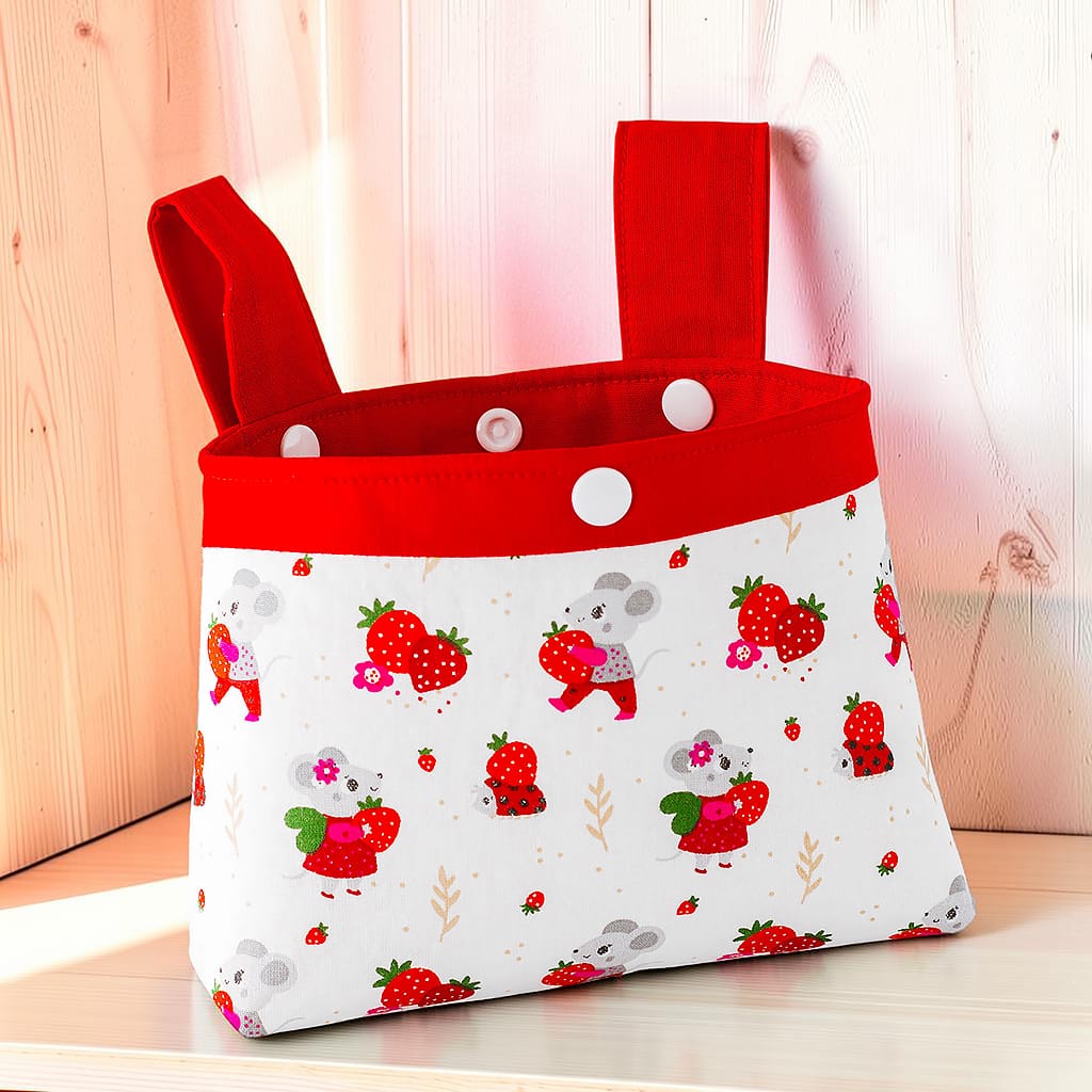 Kleine Erdbeermaus-Lenkertasche mit weißem Mäuse-Erdbeer-Muster und rotem Abschluss.