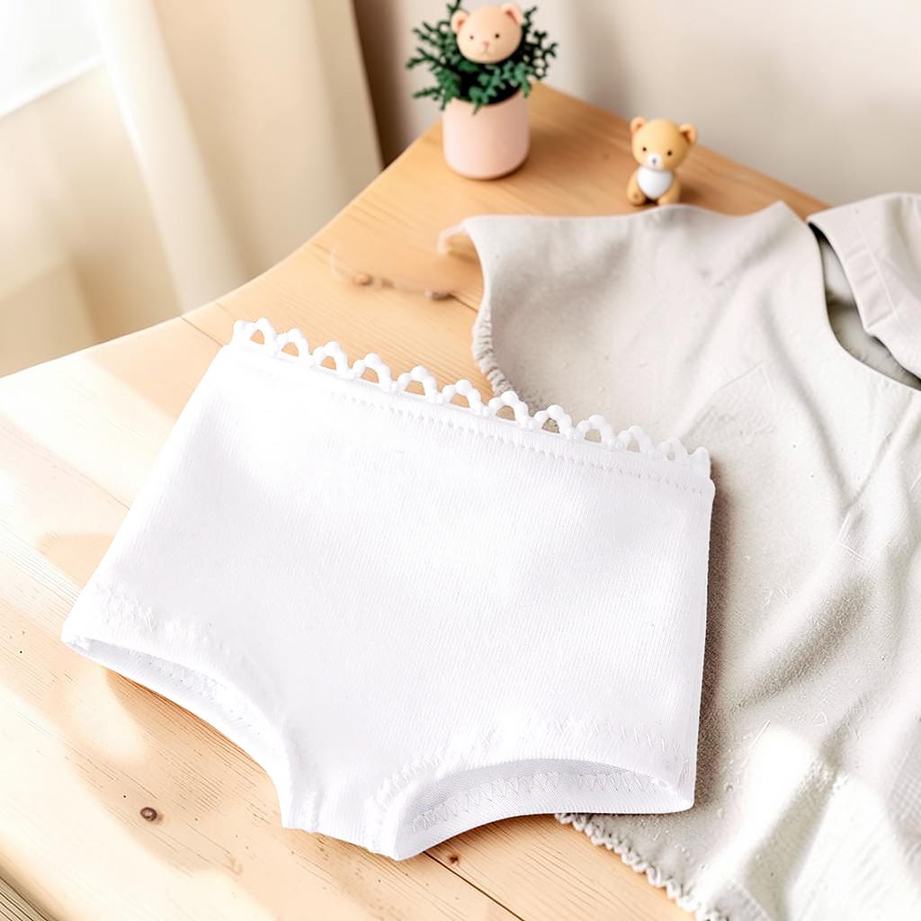 Weiße Puppenunterhose mit dekorativer Häkelkante aus weichem Jersey