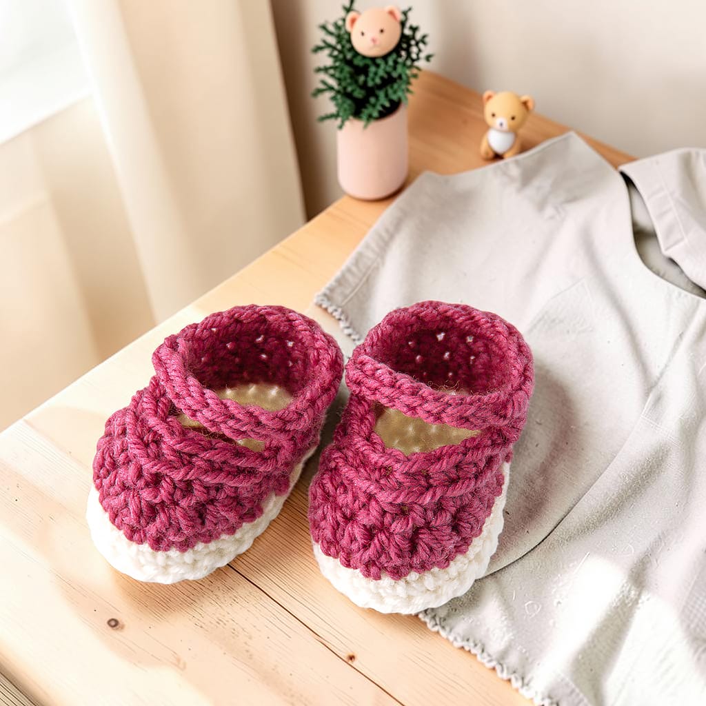 Handgehäkelte Puppenschuhe in Beere und Creme mit praktischem Riemchen