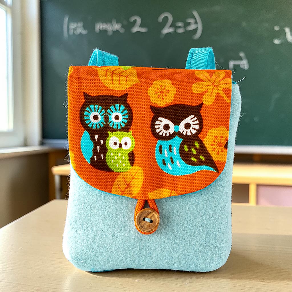 Puppenrucksack aus Wollfilz mit Eulen Motiv in Orange und Türkis auf einem Tisch