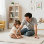 Kind spielt ruhig in minimalistisch gestaltetem Kinderzimmer
