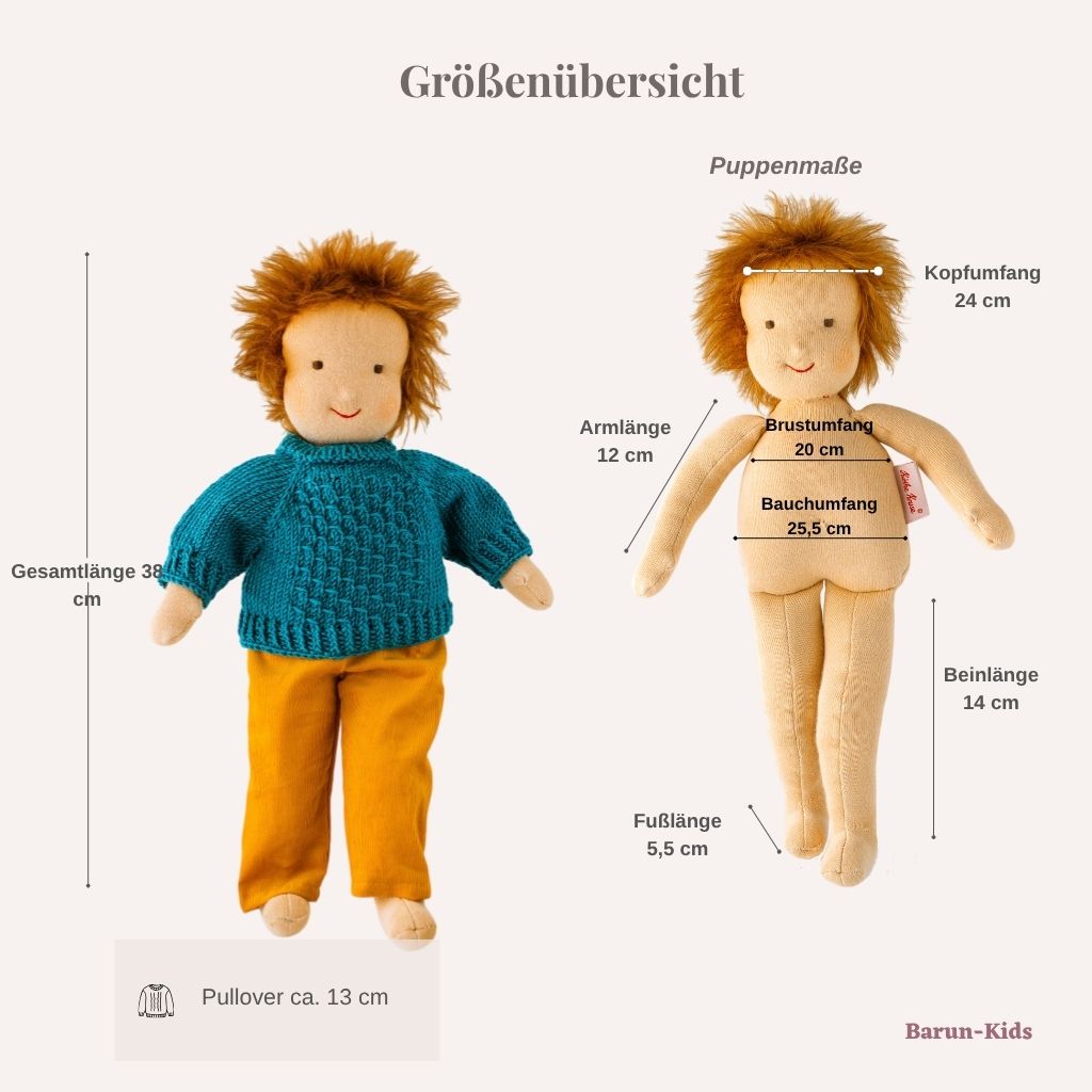 Maße Puppe und Pullover in Petrol
