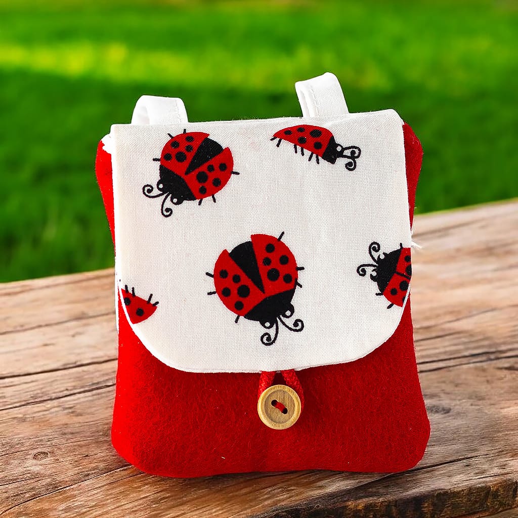Puppenrucksack aus rotem Wollfilz mit Marienkäfer-Stoffklappe und Holzknopf für Waldorfpuppen und Puppen von 32 - 38 cm