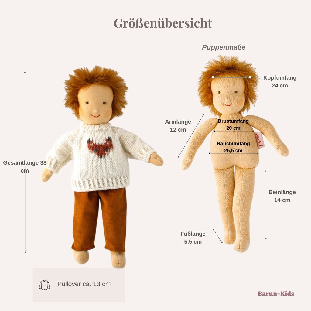 Maße der Puppe und des Pullovers mit dem Fuchs