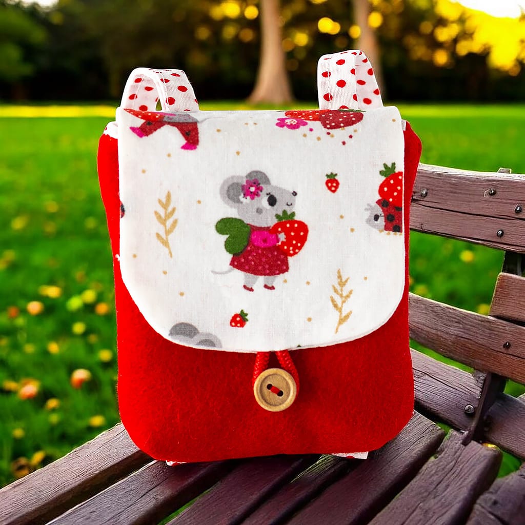 Handgefertigter Puppenrucksack aus rotem Wollfilz mit Erdbeermaus-Motiv für Waldorfpuppen von 32 bis 38 cm, fotografiert auf einer Parkbank.