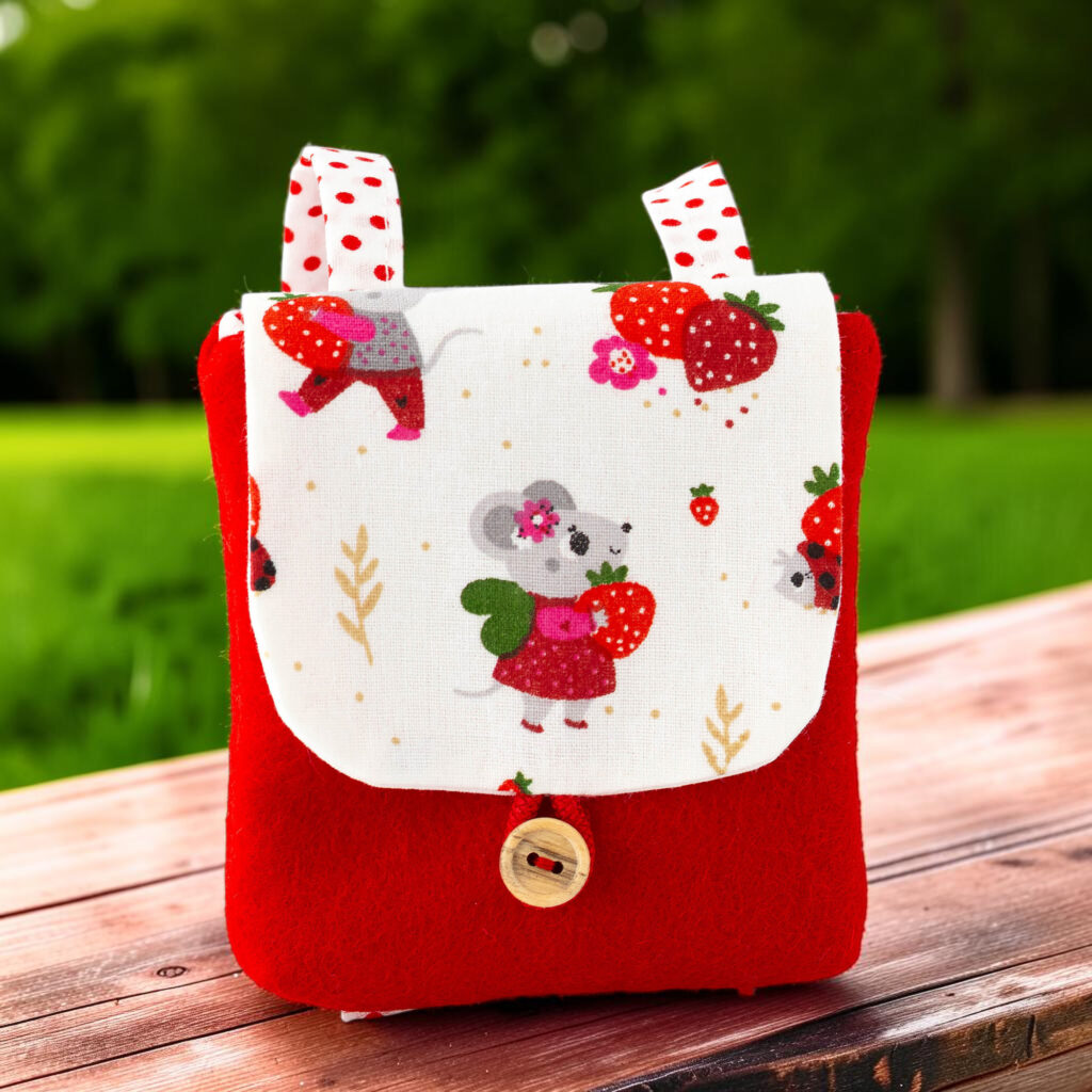 Handgefertigter Puppenrucksack aus rotem Wollfilz mit Erdbeermaus-Motiv für Waldorfpuppen von 32 bis 38 cm, fotografiert auf einer Bank.
