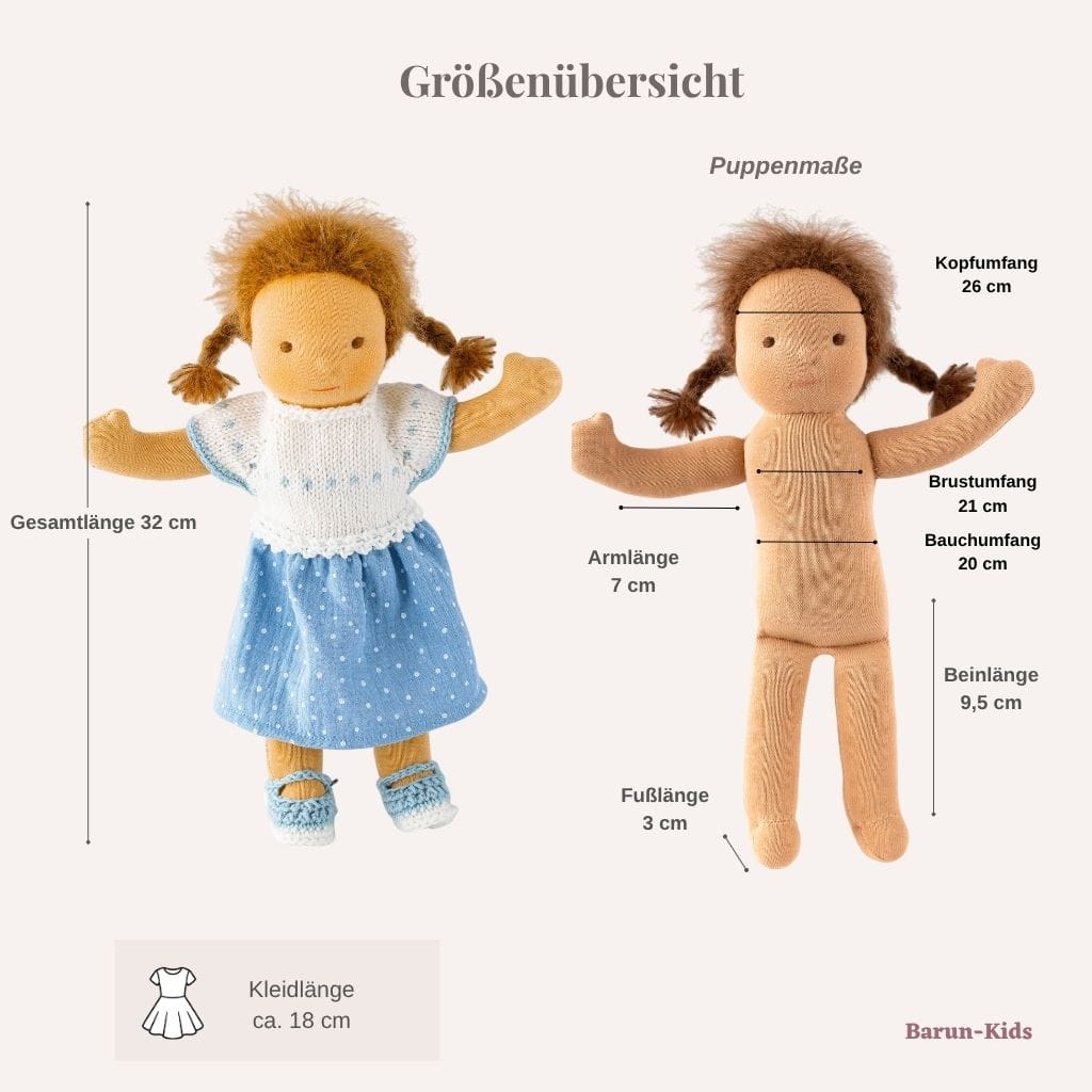 Größenübersicht für das Puppenkleid mit Maßen der 32 cm Stoffpuppe, darunter Kleidlänge von ca. 18 cm, Brustumfang 21 cm und Bauchumfang 20 cm